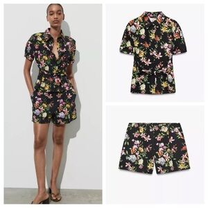 Zara Black Floral Shirt and Shorts Set